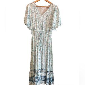 Margaux Riviera Elephant Print Boho V-neck Button Tassel Midi Dress Sz S